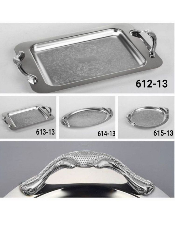 سینی استیل نقره ای طرح دار حکاکی شده روی سطح با دسته فلزی