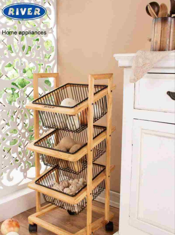 سبد سیب زمینی و پیاز چوبی ریور سه طبقه چرخ دار جدید
