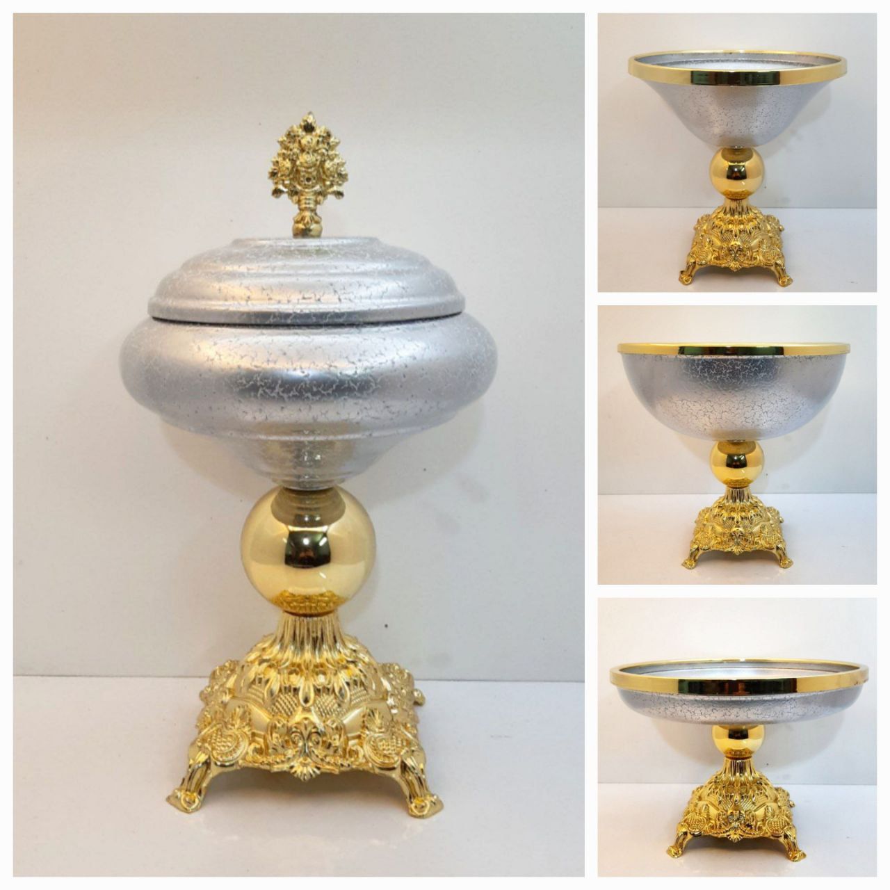 سرویس پذیرایی ۴ تیکه پایه سلطنتی فلزی رنگ کوره ای نقره ای طلایی