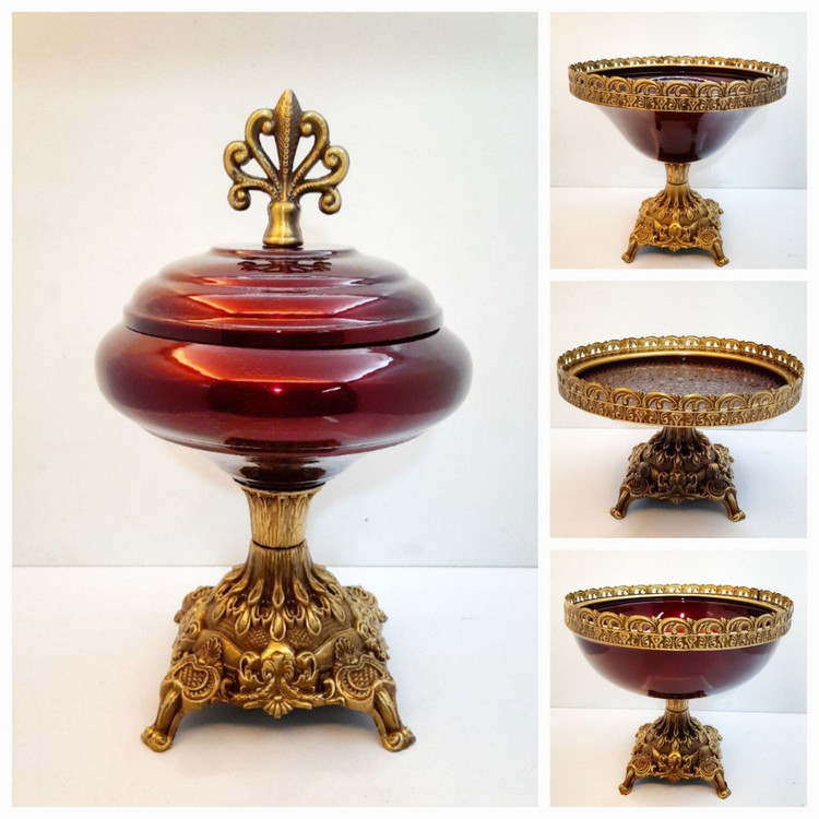 سرویس پذیرایی ۴ تیکه پایه سلطنتی فلزی رنگ کوره ای شرابی آنتیک