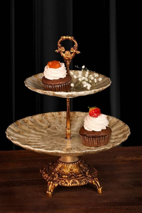 ظرف پذیرایی شیرینی خوری دو طبقه پایه دار سلطنتی کلاسیک شیک ارزان قیمت