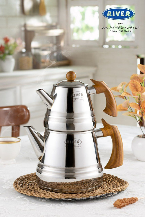 خرید اینترنتی کتری قوری استیل دسته چوبی