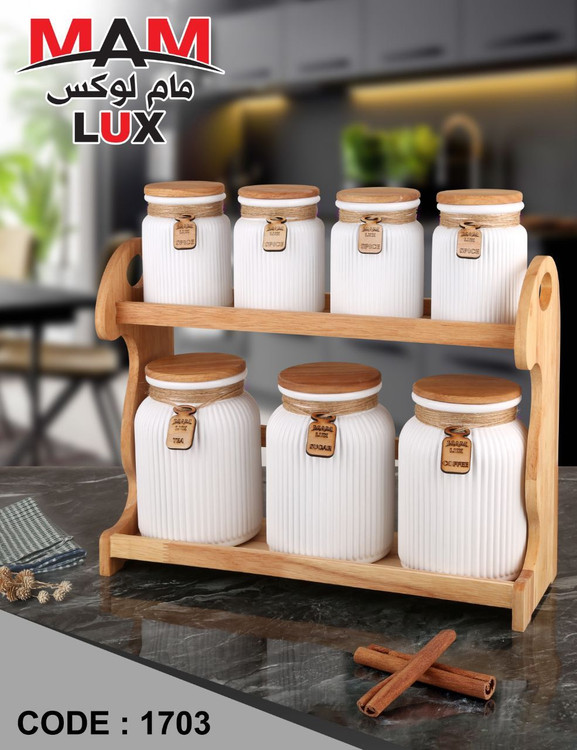 خرید اینترنتی سرویس ادویه و پاسماوری سفید همراه استند دو طبقه چوبی شیک