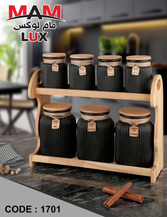 خرید آنلاین سرویس ادویه و پاسماوری مشکی همراه استند چوبی دو طبقه